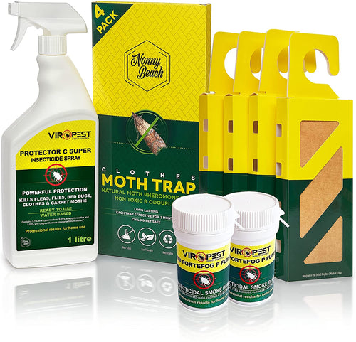 ViroPest Complete Moth Killer Kit - 1x Protector C Super Moth Killer Spray + 2x Moth Killer Fortefog Fumer Smoke Bomb + 4x Moth Traps